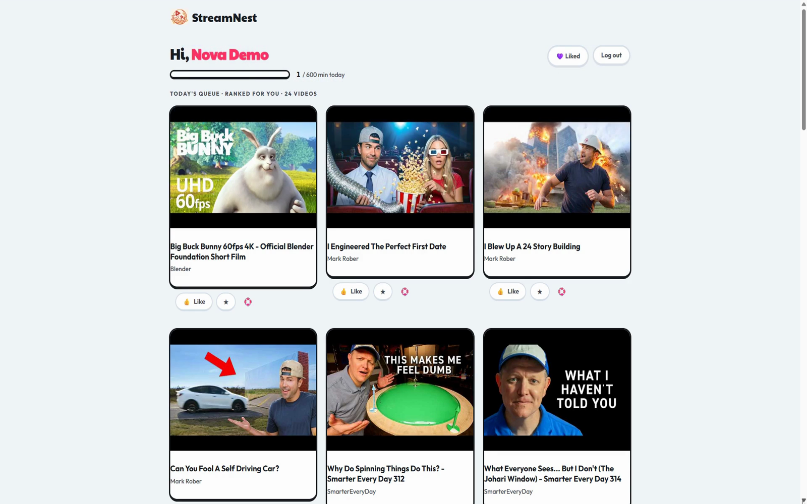 The StreamNest app: a kid's screen showing today's queue, ranked and parent-approved, with the Big Buck Bunny tile first