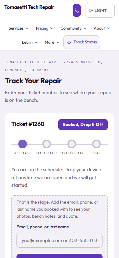A customer's repair tracker on a phone, showing the ticket's progress