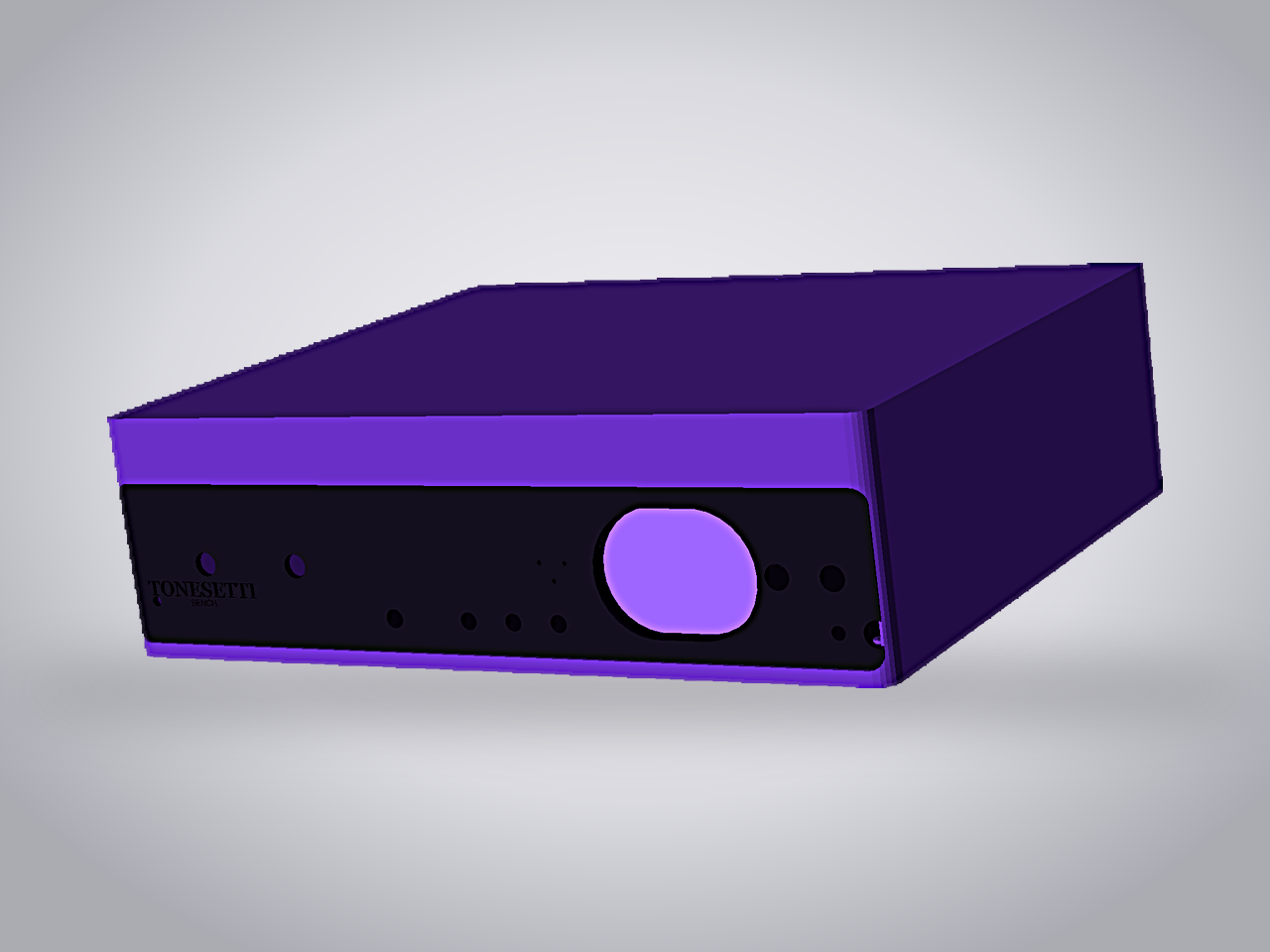 Tonesetti Bench design render, three-quarter view on a light desk: violet chassis with a dark face band and a glowing display bezel right of center