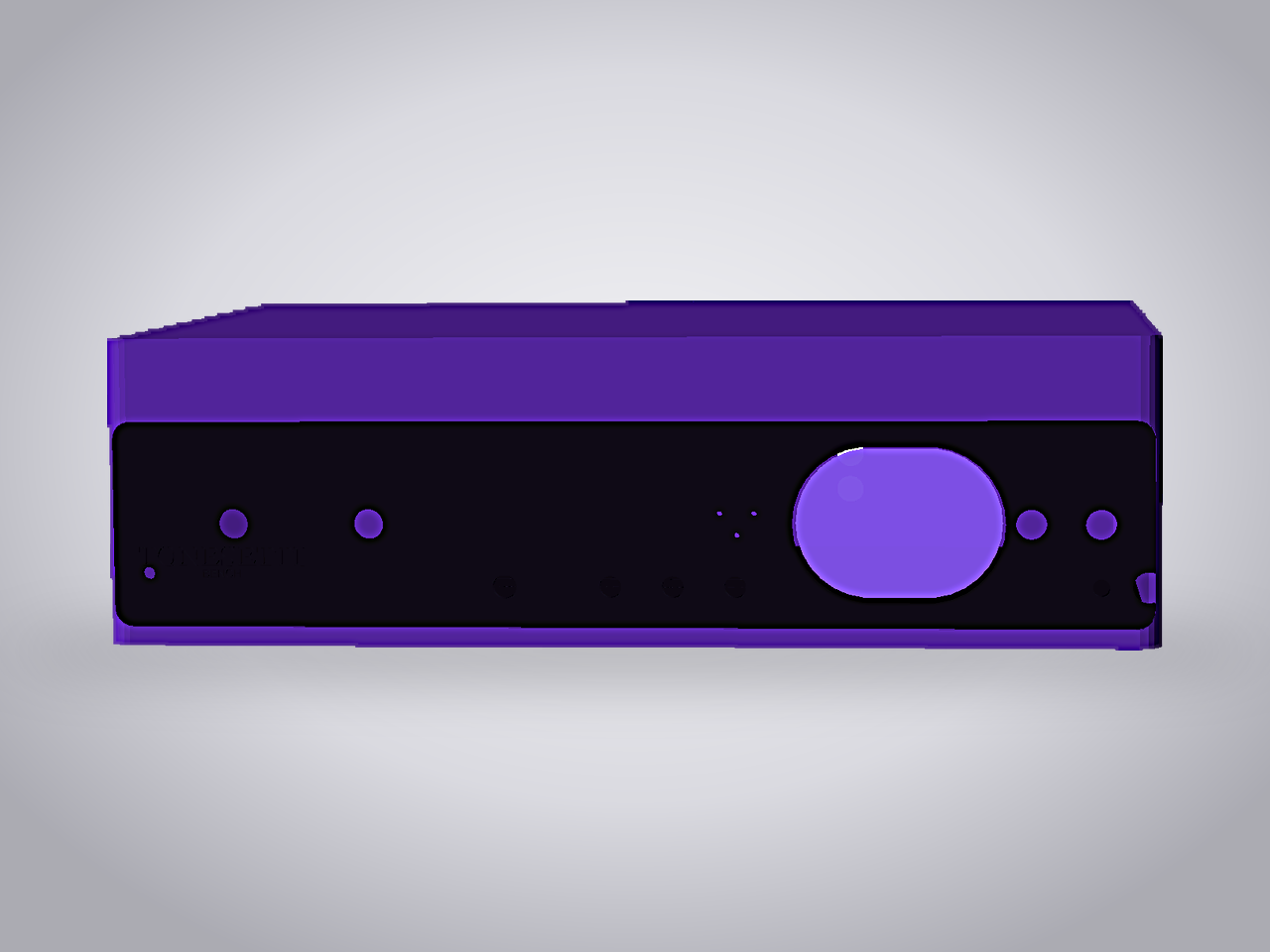 Straight-on view of the Bench face: dark faceplate with the display bezel, a row of control knobs below, status dots beside the display