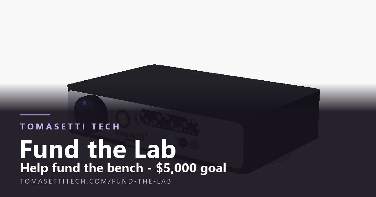 Share card: Fund the Lab, showing the amount raised toward the $5,000 goal, over a bench-built audio unit