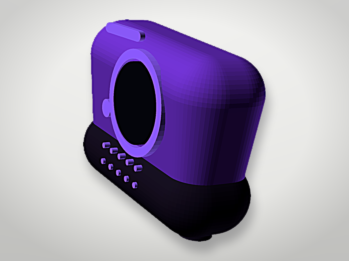 Wall-i Character design render, three-quarter view: violet body with a dark sole, an LED brow over a round dark eye