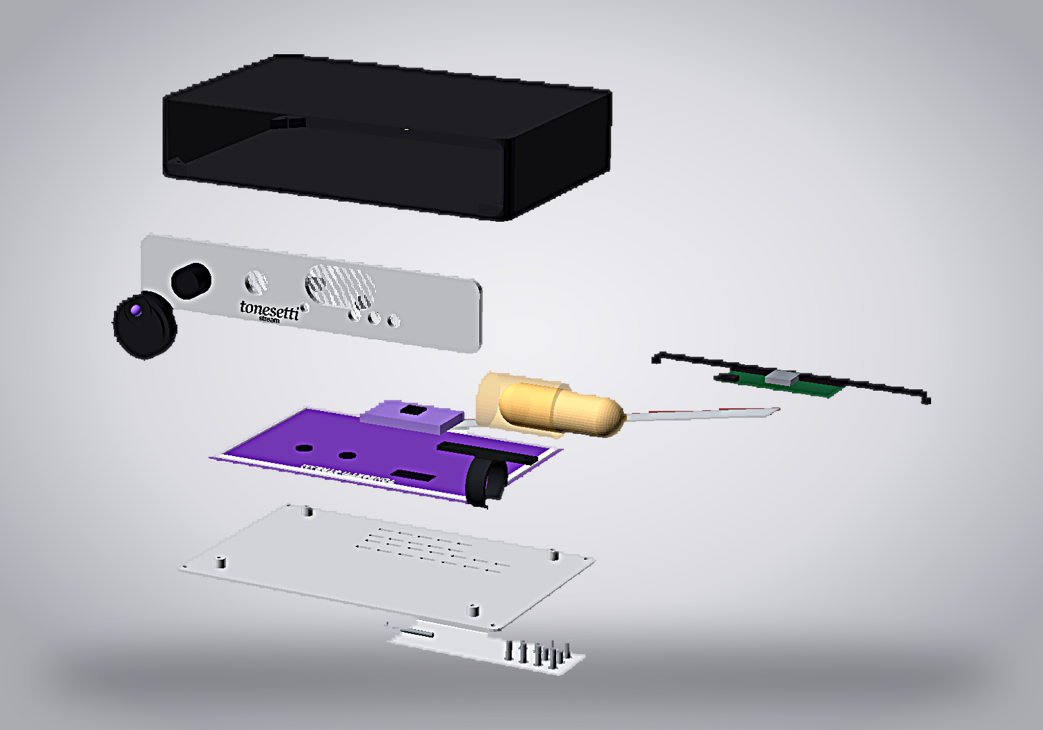 The Stream opened up: hood lifted off, faceplate with controls, press-on knob, tube, main board, and the bottom plate drawn as the service tray