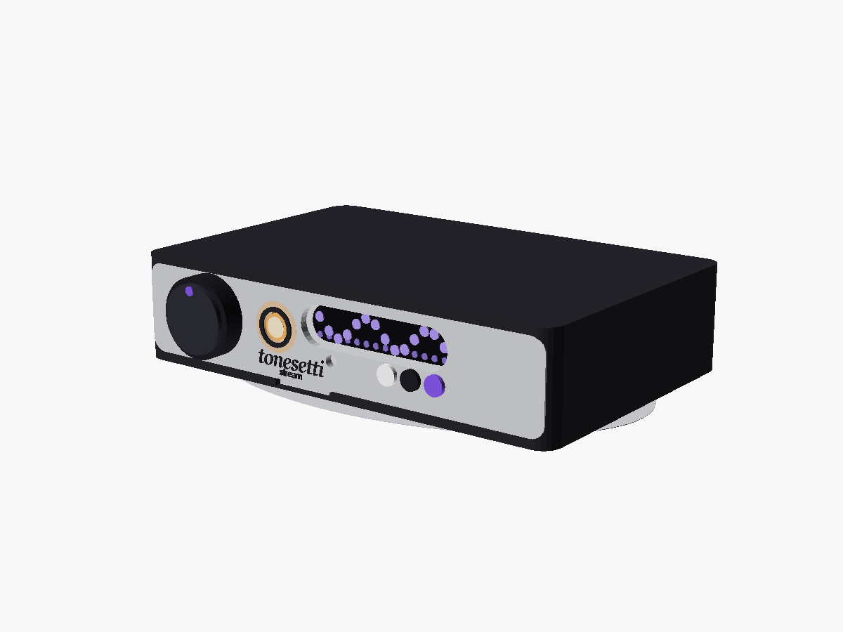Tonesetti Stream design render, cute face: light silver faceplate, chunky dark knob, a wave of purple dots across the display, three candy buttons, and the glowing amber tube-window dot