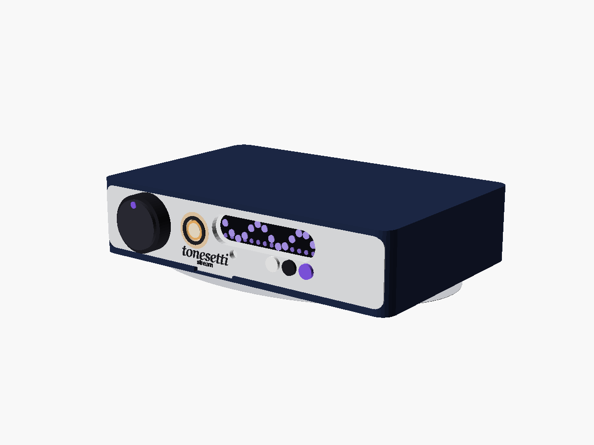 Stream case design render, colorway C, cute face: light silver faceplate on a navy body — the same glowing porthole, wave display, and candy buttons as colorway A