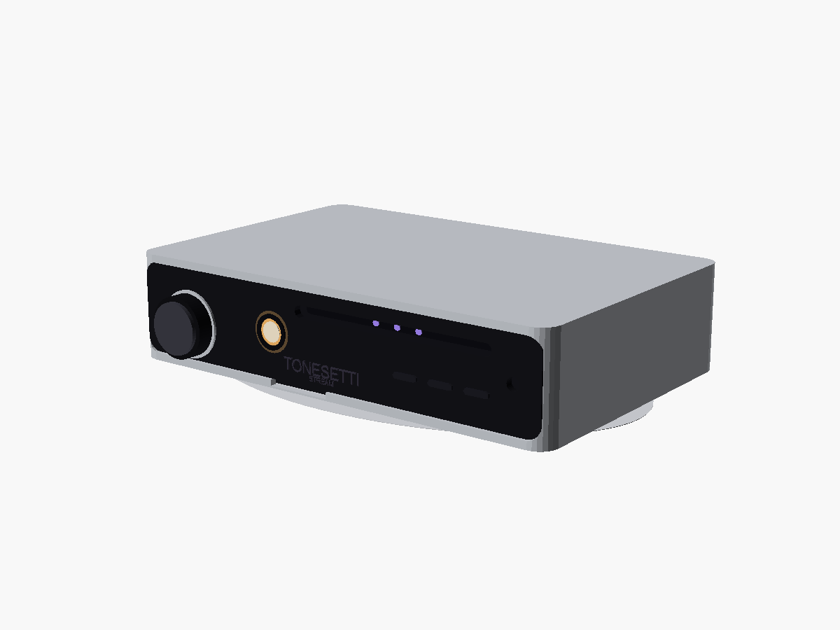 Stream case design render, colorway B, sleek face: black faceplate under a silver hood — one thin display line, flush knob, ghosted wordmark, and the amber porthole dot