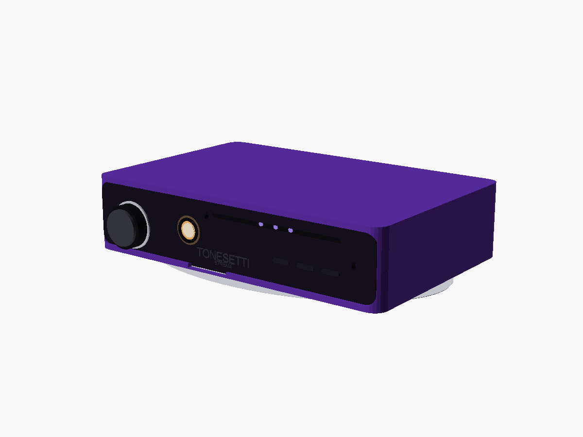 Tonesetti Stream design render, sleek face: deep purple hood over a black faceplate with one thin display line, a dark knob, a ghosted wordmark, and the single amber tube-window dot