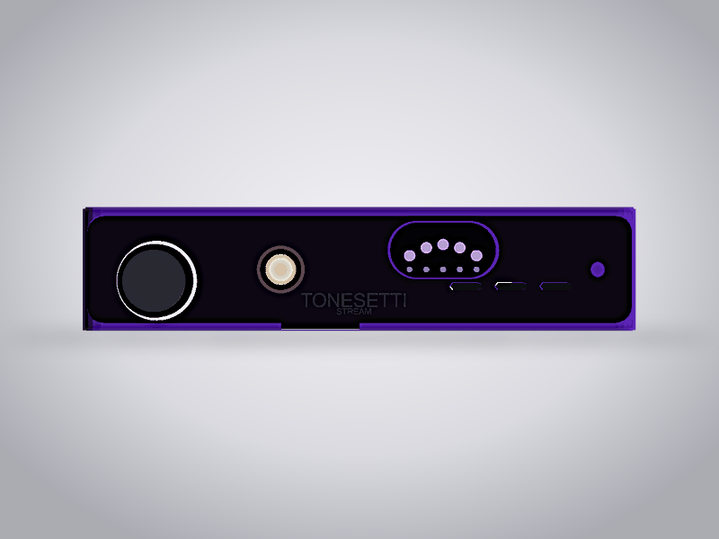 Design render, straight-on front of the Stream in colorway D: black faceplate under a deep purple hood, dark knob, amber porthole dot, wave display, and the ghosted wordmark