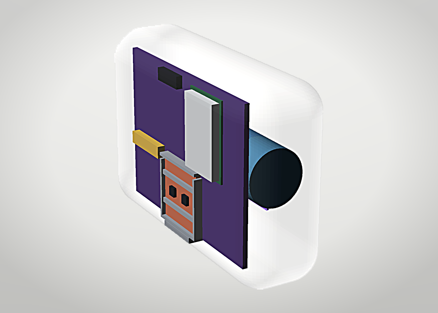 X-ray view of Ghost showing the board, cell and sensor bay inside the translucent slab