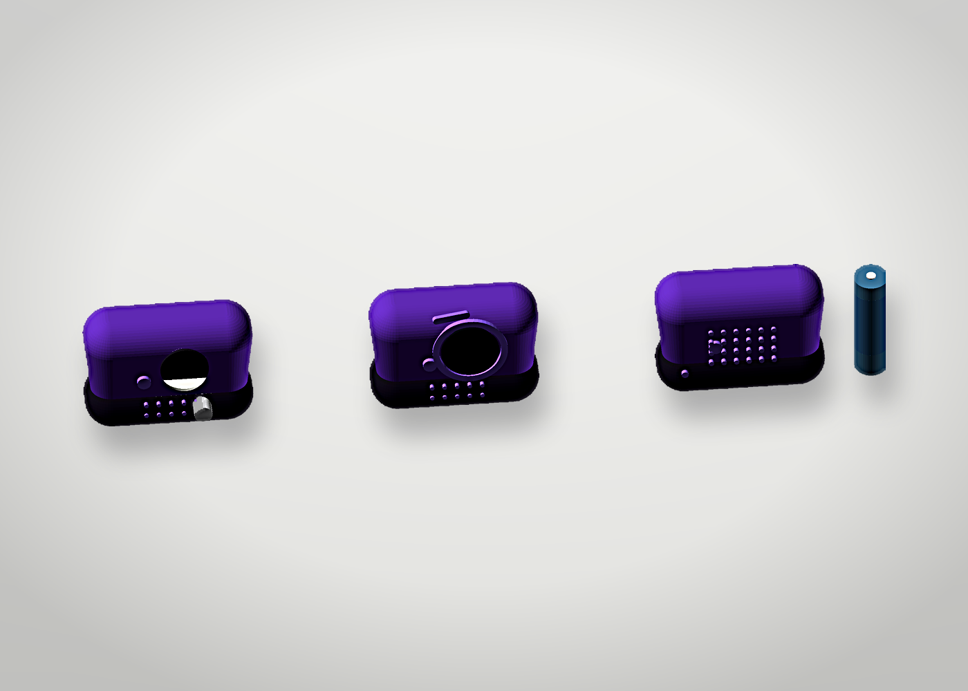 Three Character units in a row with the cell that powers them, drawn together on a light background