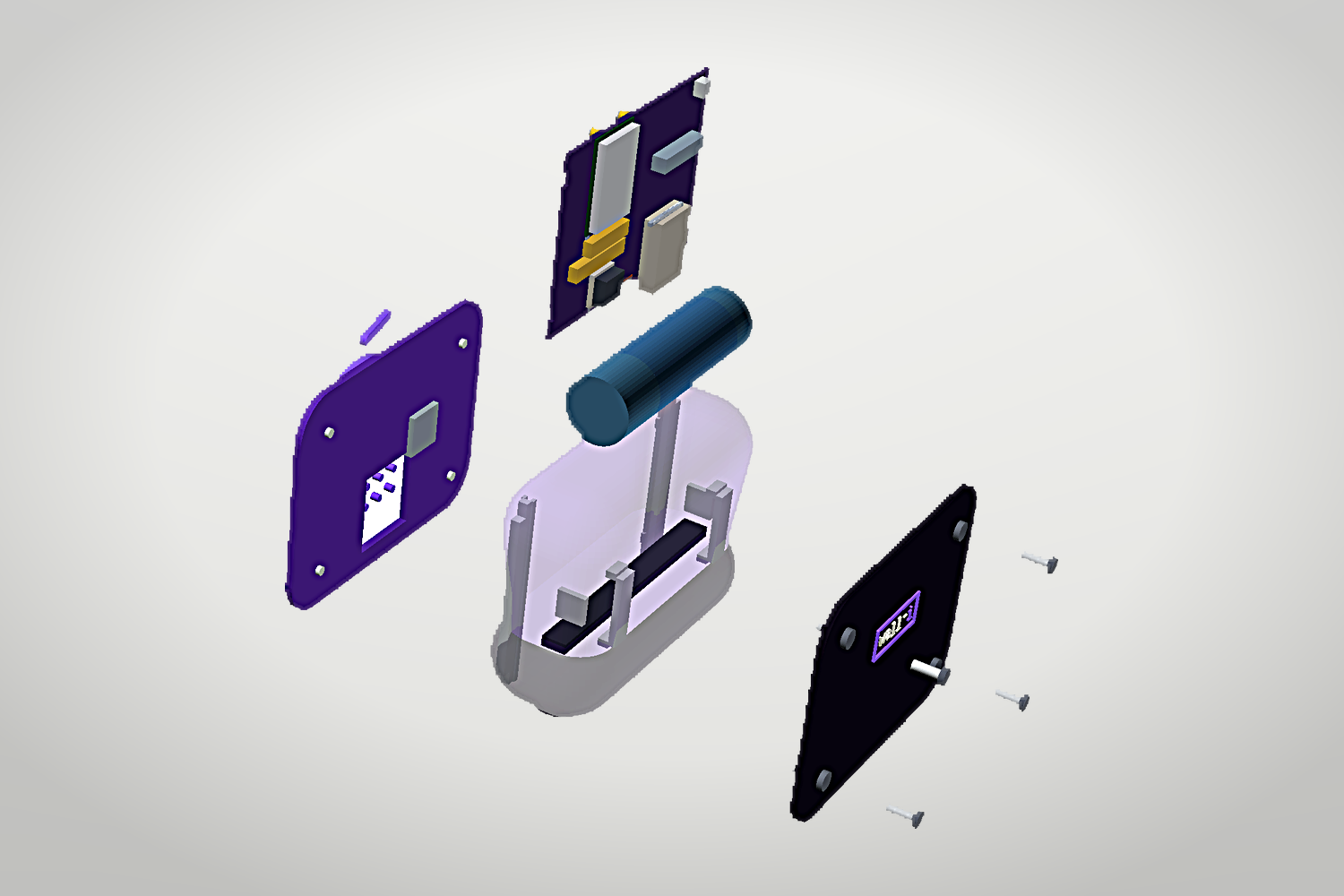 Exploded view of Character: faceplate, board, cell, shell, backplate and screws